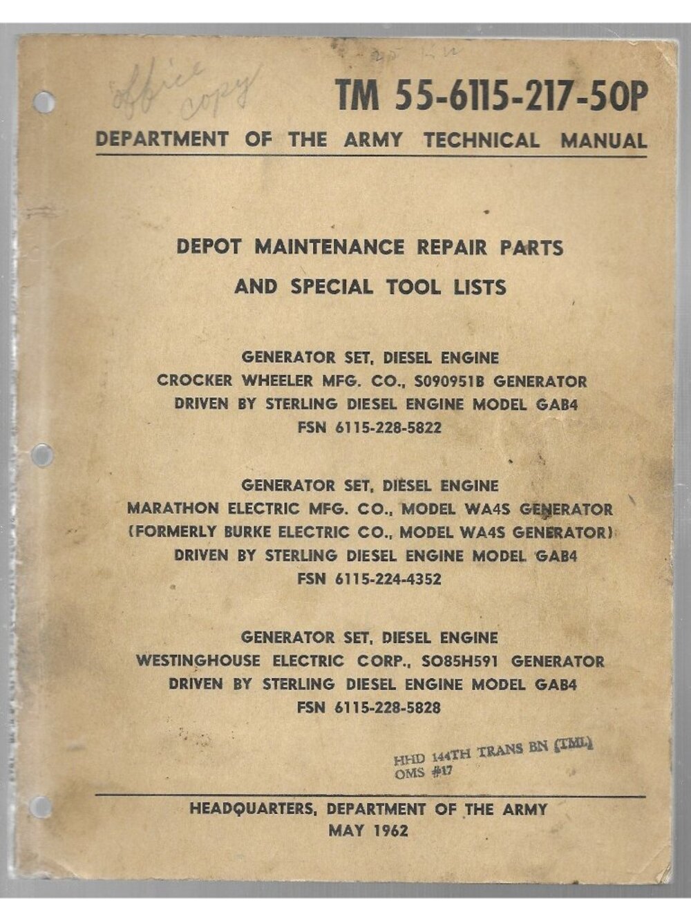 Depot Maintenance Repair Parts and Special Tools Lists TM 55-6115-217-50P 1962